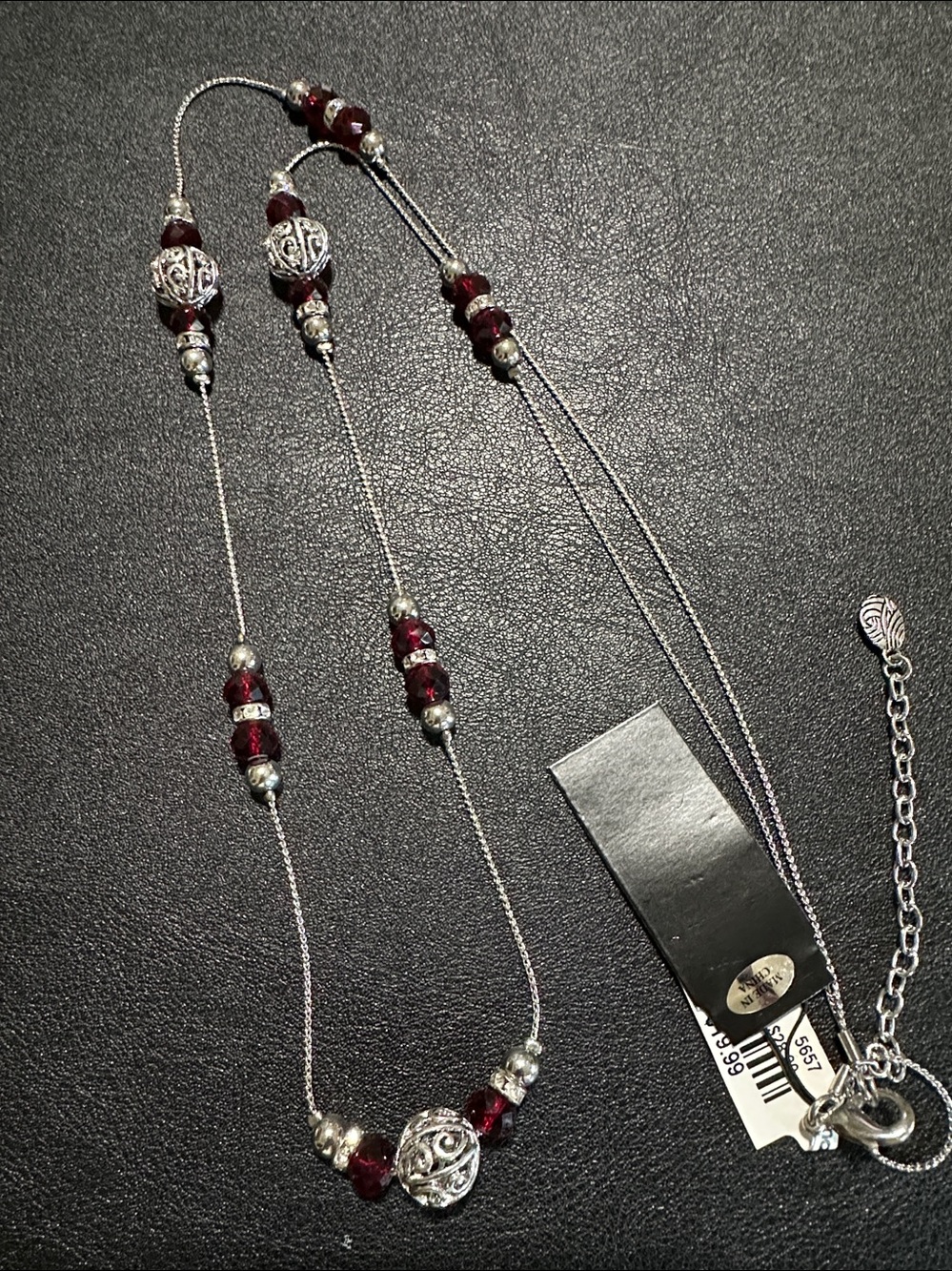Scroll and Dots Faceted Red Crystal Silver Tone Long Necklace - Picture 9 of 13